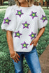 White Textured Sequin Mardi Gras Star Graphic Puff Sleeve Blouse