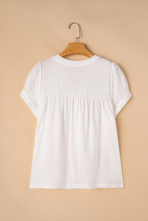 White Textured Short Sleeve Buttons Frayed Blouse