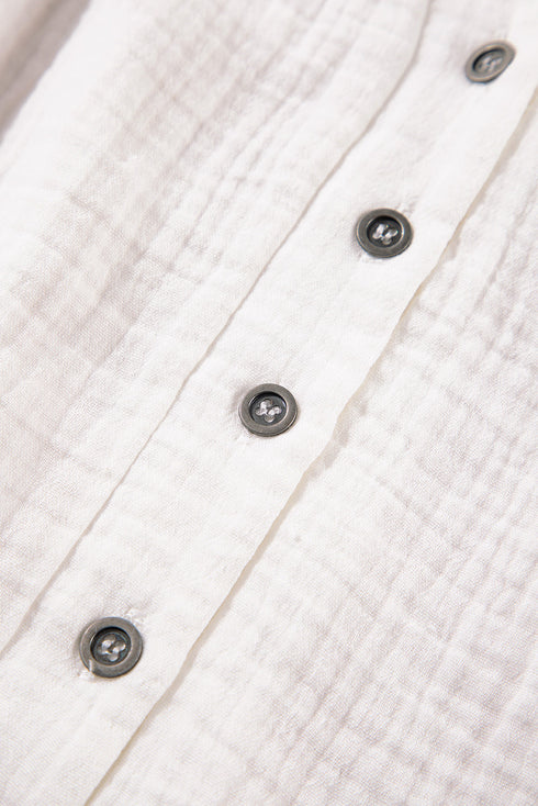 White Textured Short Sleeve Buttons Frayed Blouse