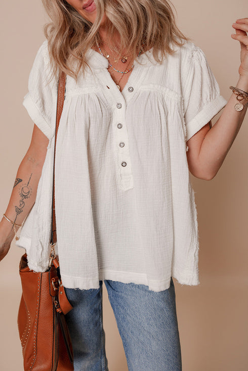 White Textured Short Sleeve Buttons Frayed Blouse