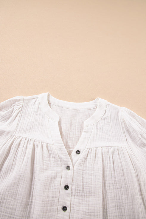 White Textured Short Sleeve Buttons Frayed Blouse