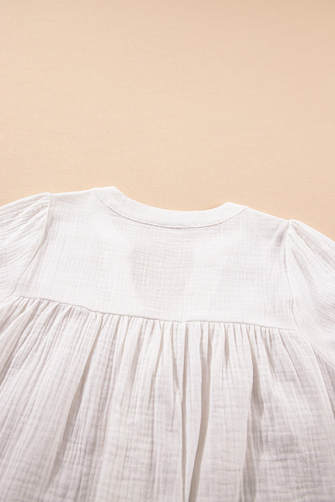 White Textured Short Sleeve Buttons Frayed Blouse