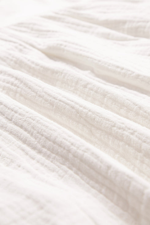 White Textured Short Sleeve Buttons Frayed Blouse