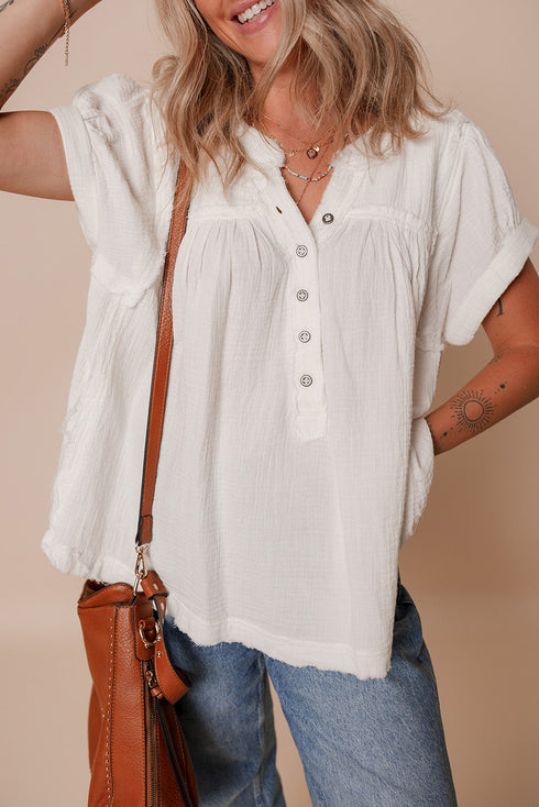 White Textured Short Sleeve Buttons Frayed Blouse