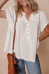 White Textured Short Sleeve Buttons Frayed Blouse