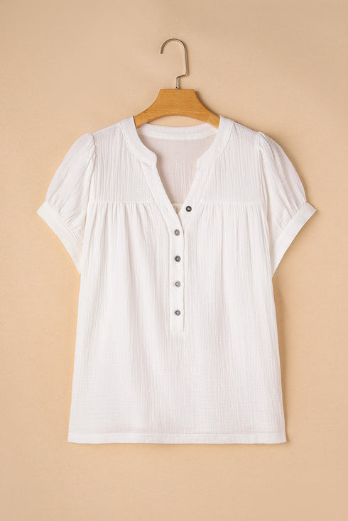 White Textured Short Sleeve Buttons Frayed Blouse