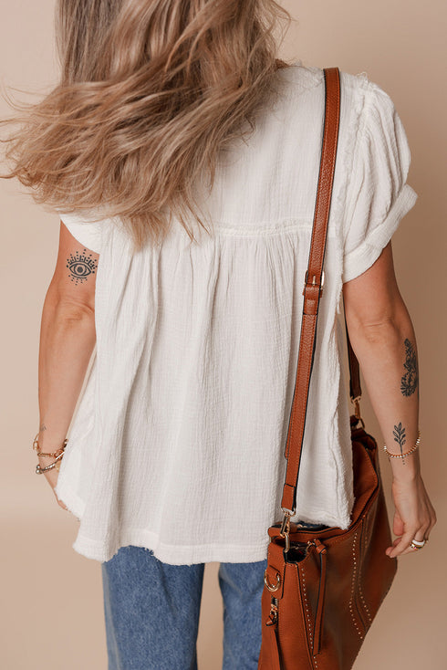White Textured Short Sleeve Buttons Frayed Blouse