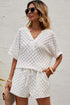 White Textured Split Neck Top and Drawstring Shorts Set