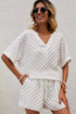 White Textured Split Neck Top and Drawstring Shorts Set