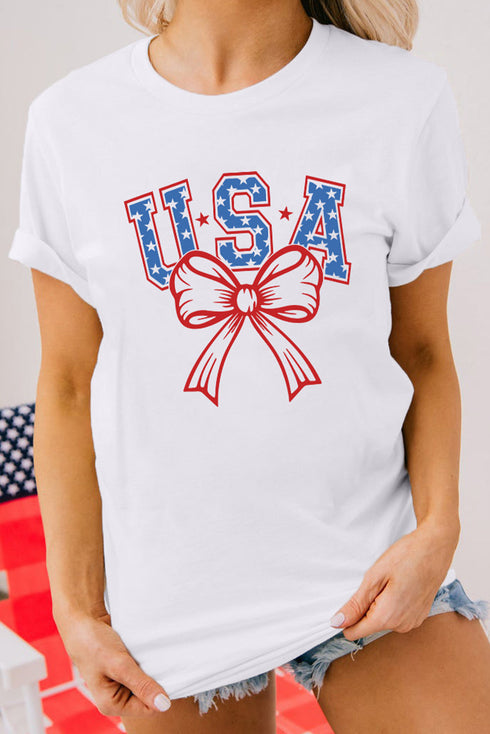 White USA Bow Letter Graphic Short Sleeve Top