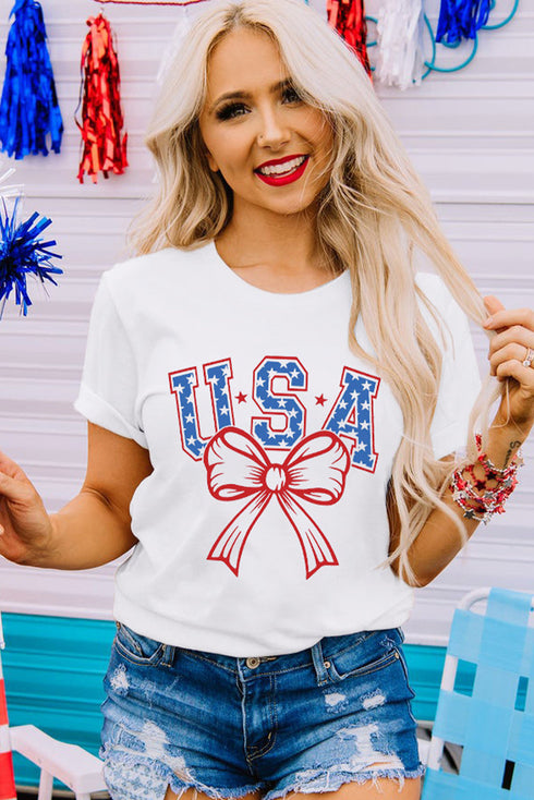 White USA Bow Letter Graphic Short Sleeve Top