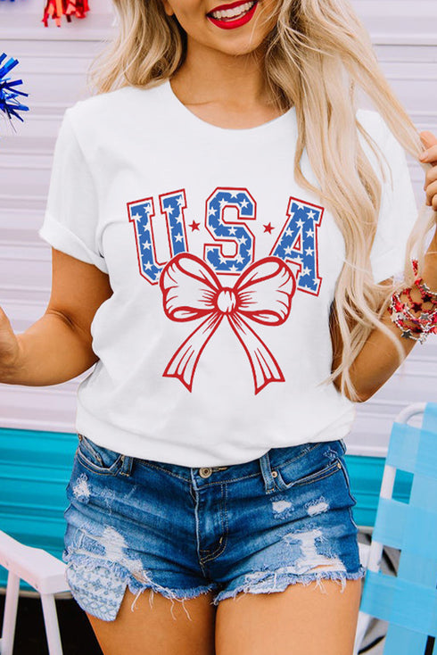 White USA Bow Letter Graphic Short Sleeve Top