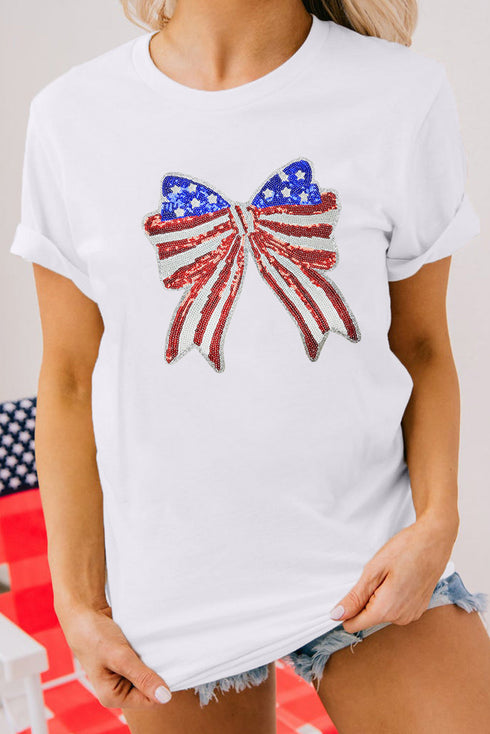 White USA Flag Bow Knot Patched Crew Neck T Shirt