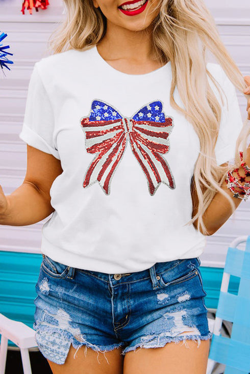 White USA Flag Bow Knot Patched Crew Neck T Shirt