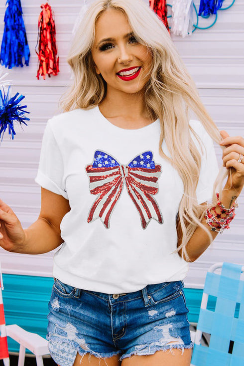 White USA Flag Bow Knot Patched Crew Neck T Shirt