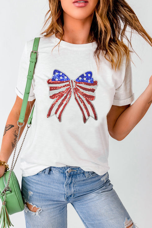 White USA Flag Bow Knot Patched Crew Neck T Shirt