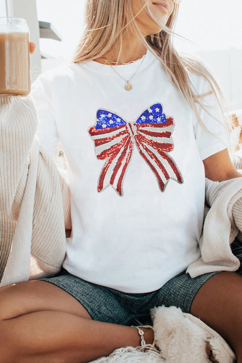 White USA Flag Bow Knot Patched Crew Neck T Shirt