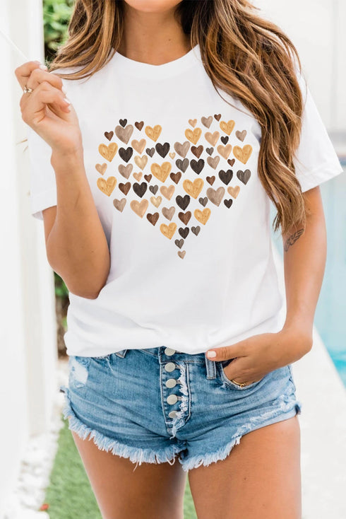 White Valentines Day Heart Shaped Print Crew Neck Graphic Tee