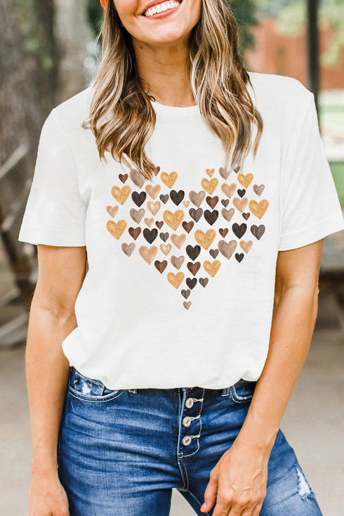 White Valentines Day Heart Shaped Print Crew Neck Graphic Tee