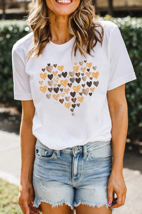 White Valentines Day Heart Shaped Print Crew Neck Graphic Tee