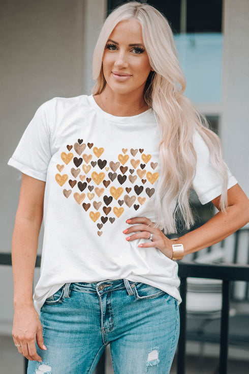 White Valentines Day Heart Shaped Print Crew Neck Graphic Tee