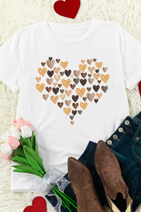 White Valentines Day Heart Shaped Print Crew Neck Graphic Tee