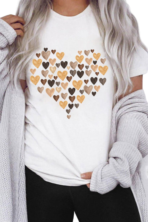White Valentines Day Heart Shaped Print Crew Neck Graphic Tee