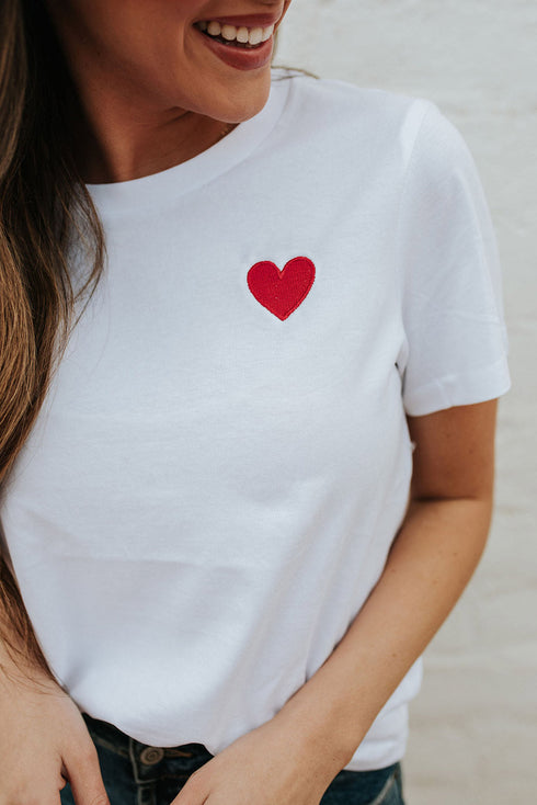 White Valentines Heart Pattern Embroidery T Shirt