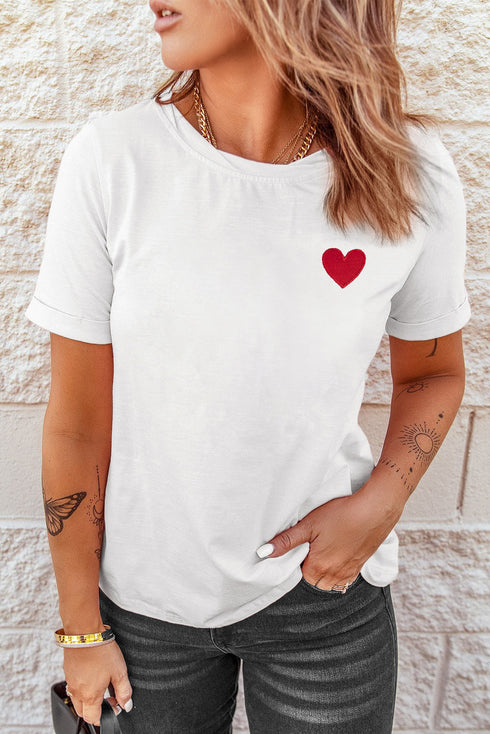 White Valentines Heart Pattern Embroidery T Shirt