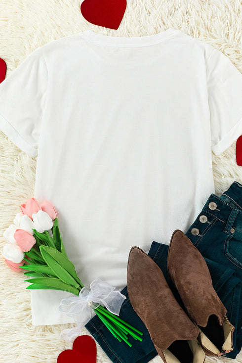 White Valentines Heart Pattern Embroidery T Shirt