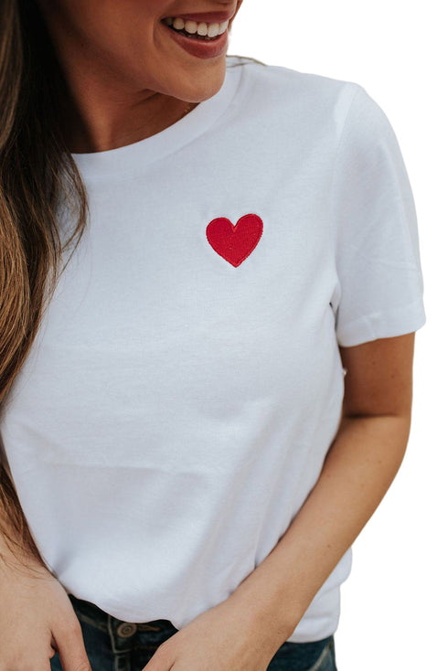 White Valentines Heart Pattern Embroidery T Shirt