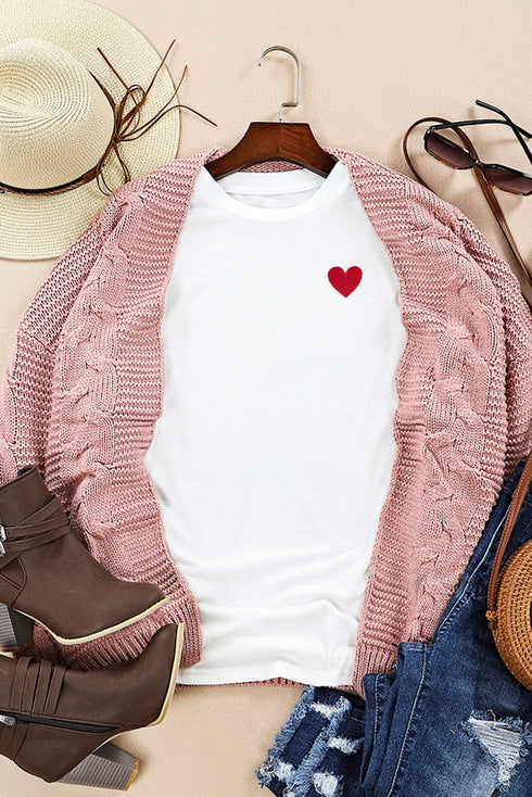 White Valentines Heart Pattern Embroidery T Shirt
