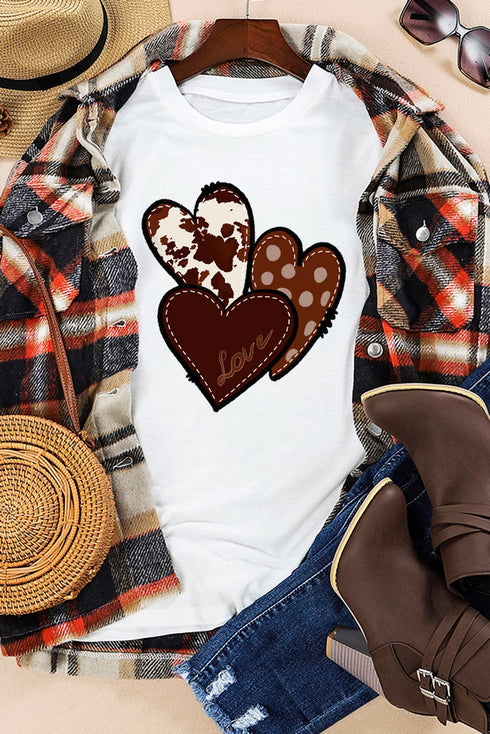 White Valentine'S Western Fashion Day Heart Print T-Shirt