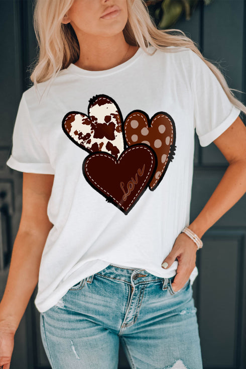 White Valentine'S Western Fashion Day Heart Print T-Shirt
