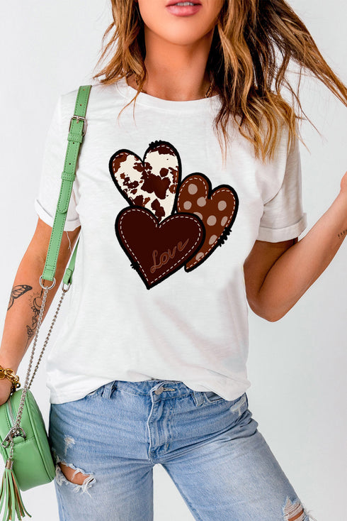 White Valentine'S Western Fashion Day Heart Print T-Shirt