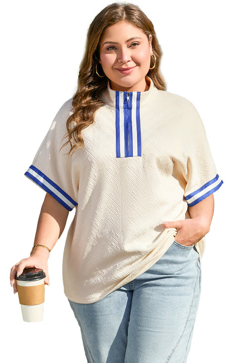 White Varsity Half Zip Textured Plus Size Top