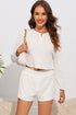 White Waffle Knit Buttoned Long Sleeve Crop and Shorts Lounge Set