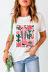 White Western Boots Flower Print Round Neck T Shirt