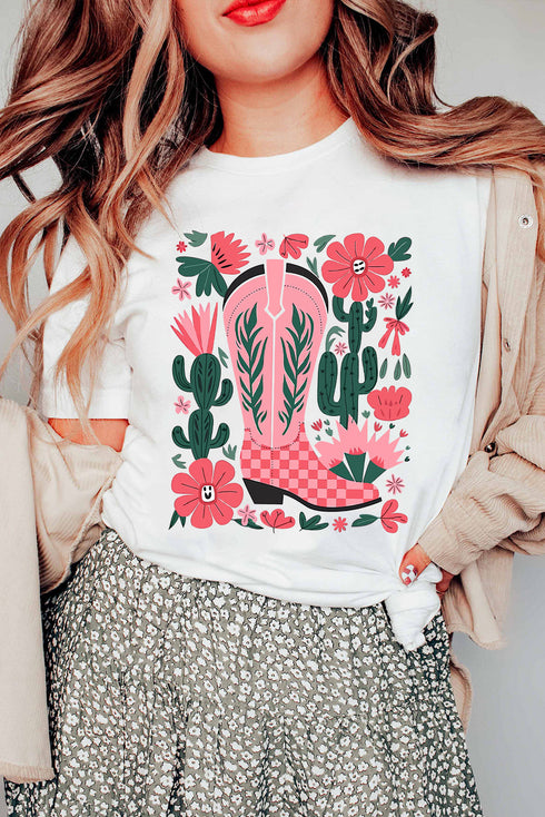 White Western Boots Flower Print Round Neck T Shirt