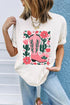 White Western Boots Flower Print Round Neck T Shirt