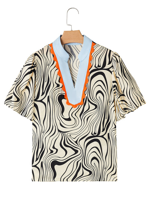 White Zebra Stripe Print Contrast V-Neck Ricrac Detail Short Sleeve Blouse Top