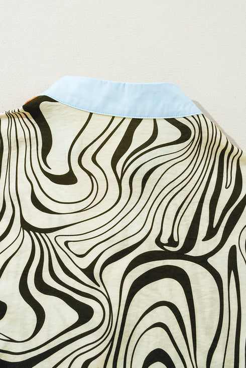 White Zebra Stripe Print Contrast V-Neck Ricrac Detail Short Sleeve Blouse Top