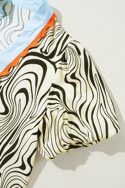 White Zebra Stripe Print Contrast V-Neck Ricrac Detail Short Sleeve Blouse Top