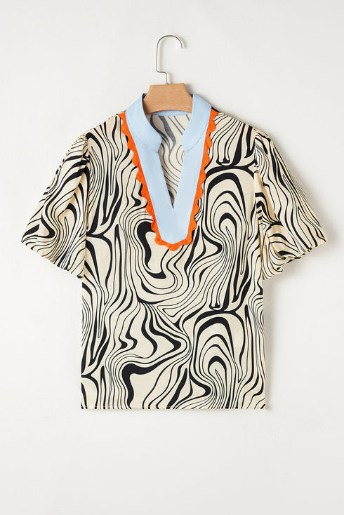 White Zebra Stripe Print Contrast V-Neck Ricrac Detail Short Sleeve Blouse Top