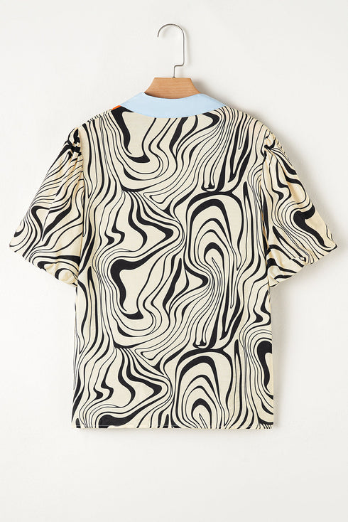 White Zebra Stripe Print Contrast V-Neck Ricrac Detail Short Sleeve Blouse Top
