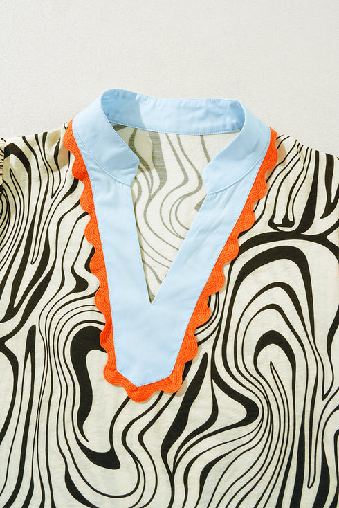 White Zebra Stripe Print Contrast V-Neck Ricrac Detail Short Sleeve Blouse Top