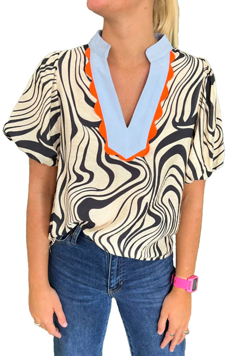 White Zebra Stripe Print Contrast V-Neck Ricrac Detail Short Sleeve Blouse Top