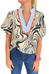 White Zebra Stripe Print Contrast V-Neck Ricrac Detail Short Sleeve Blouse Top