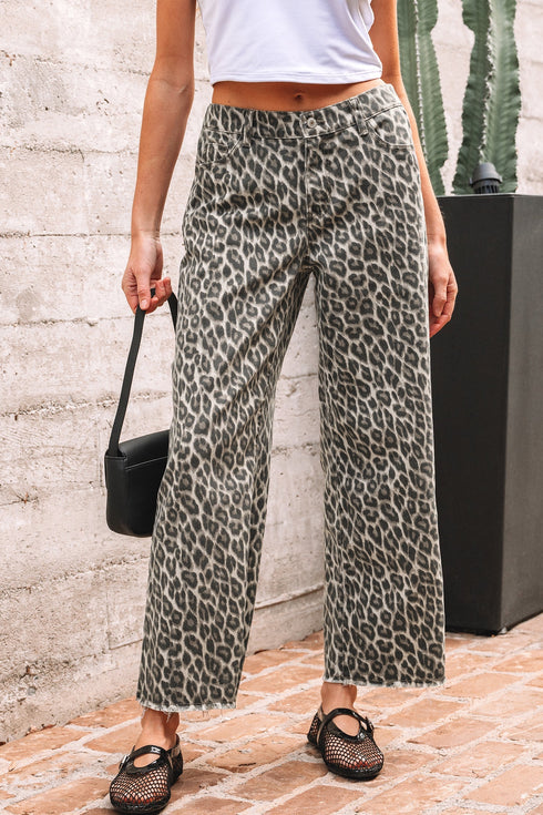 Wide Leg Western Leopard Print Stretch Denim Jeans