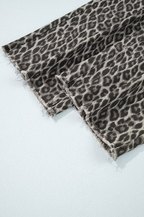Wide Leg Western Leopard Print Stretch Denim Jeans